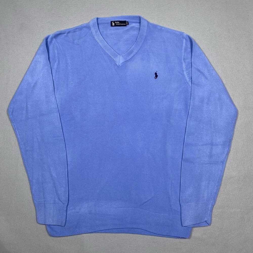 Polo Ralph Lauren Mens L V-Neck 100% Cashmere Sweater Periwinkle Blue Pony Logo
